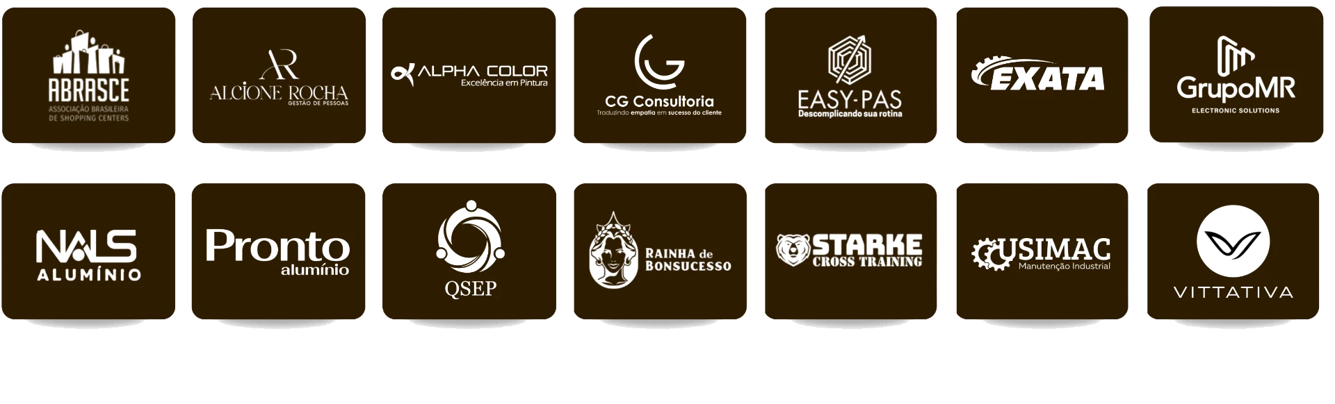 Logos de clientes: ABRASCE, Alcione Rocha, Alpha Color, CG Consultoria, Easy-PAS, Exata, GrupoMR, NALS Alumínio, Pronto Alumínio, QSEP, Rainha de Bonsucesso, Starke Cross Training, Usimac e Vittativa