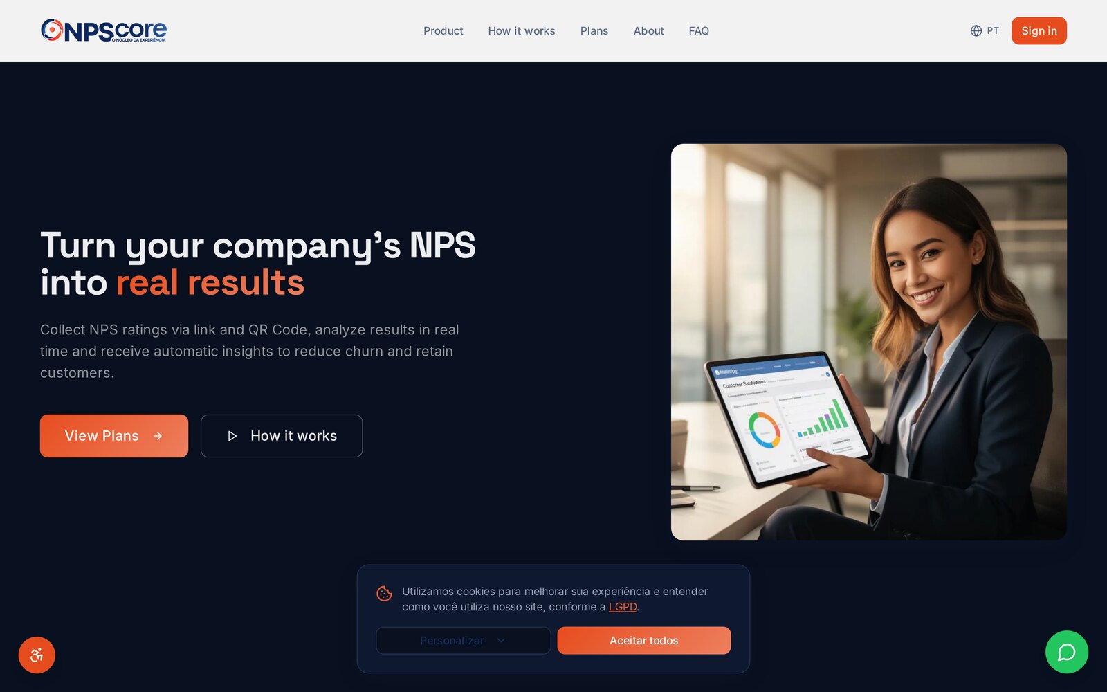 NPScore — Página do produto e painel de resultados